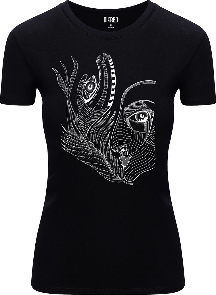 Diarbo Damen T-Shirt mit Abstraktem Druck Surreales Gesicht und Hand Schwarz Gr.L