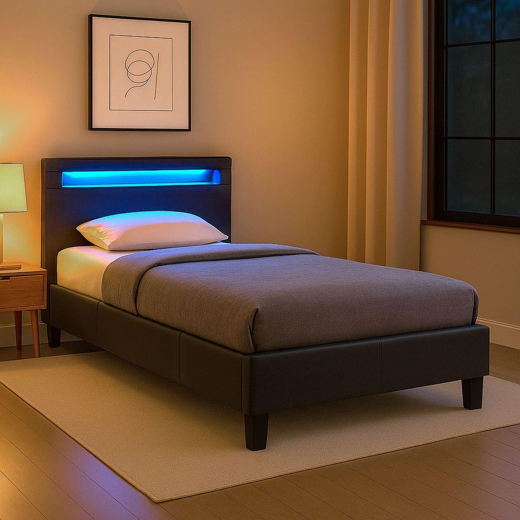 Polsterbett MANDALAY mit LED Beleuchtung Einzelbett Lederbett 90 x 200 cm mit Lattenrahmen, Kunstleder in schwarz