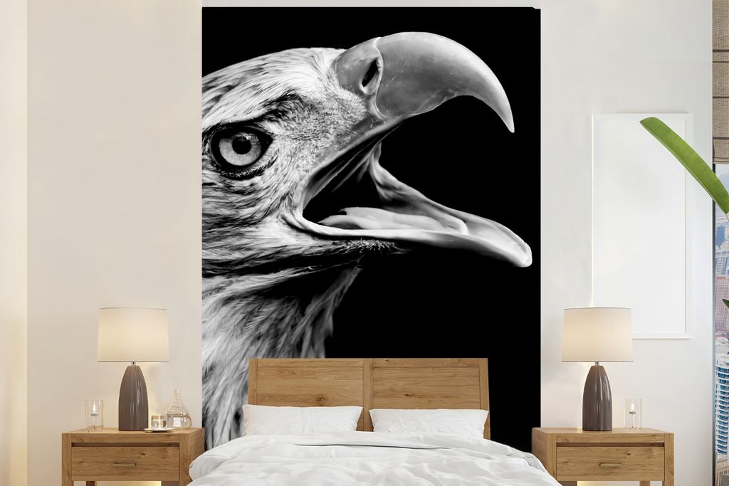 MuchoWow Fototapete für Wohnzimmer oder Schlafzimmer Wandtapete Vinyl Motivtapete Adler - Porträt - Raubvögel - Schwarz - Weiß - Vogel - 180x...