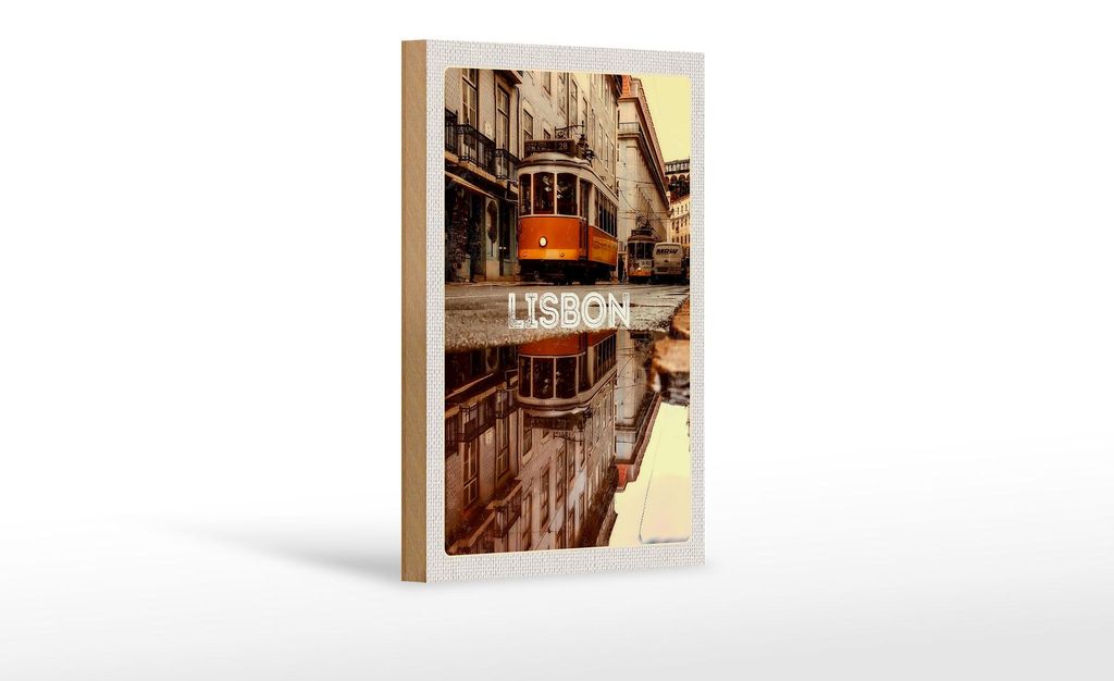 Holzschild Reise 12x18 cm Lissabon Europa Straßenbahn Stadt