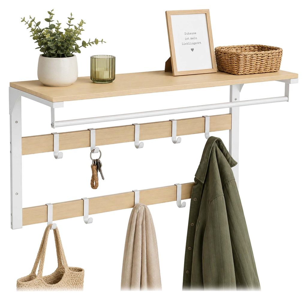 Relaxdays Wandgarderobe 3 in 1, 10 Haken, Kleiderstange, Produktbild 