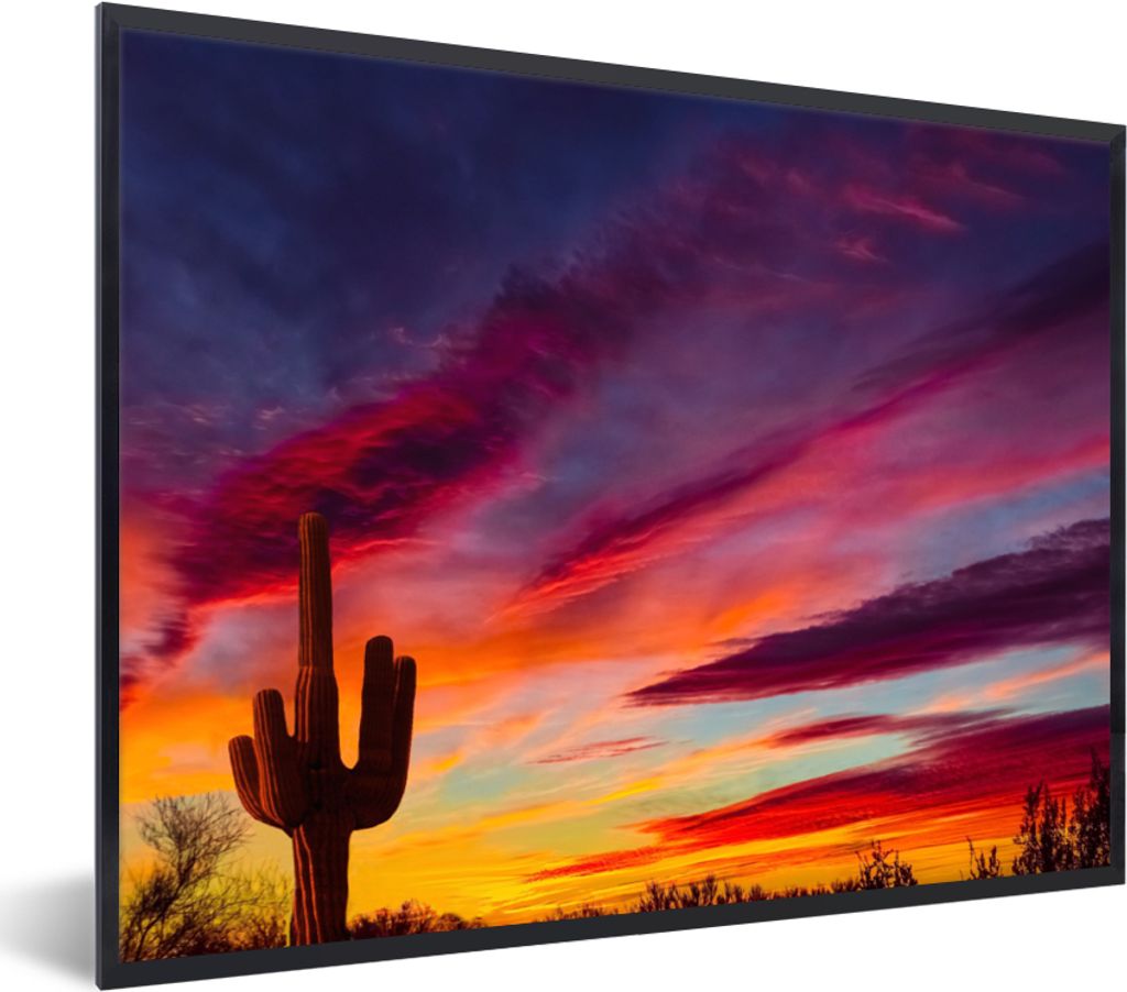 MuchoWow Gerahmtes Poster Kaktus - Himmel - Sonnenuntergang - Lila - Rosa 40x30 cm - Poster mit Schwarzem Bilderrahmen Wandposter Rahmen Foto Bil...