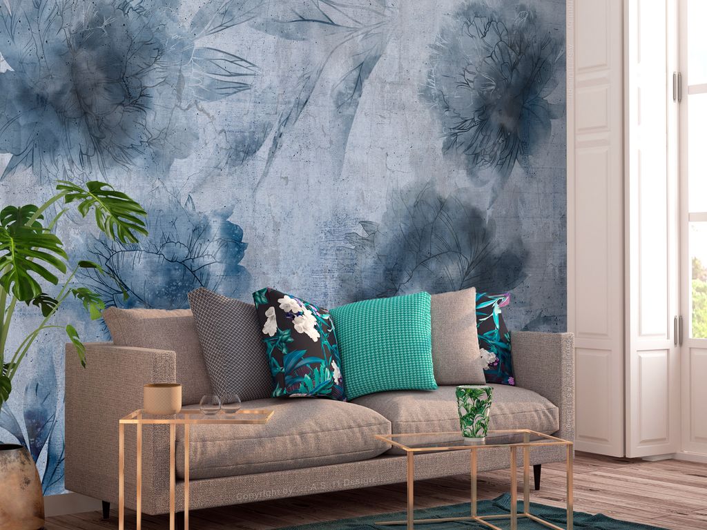 Vlies Fototapete Blumen 400x280 cm Vlies Tapeten Wandtapete XXL Natur Botanik Pflanzen Blätter blau b-A-0833-a-a