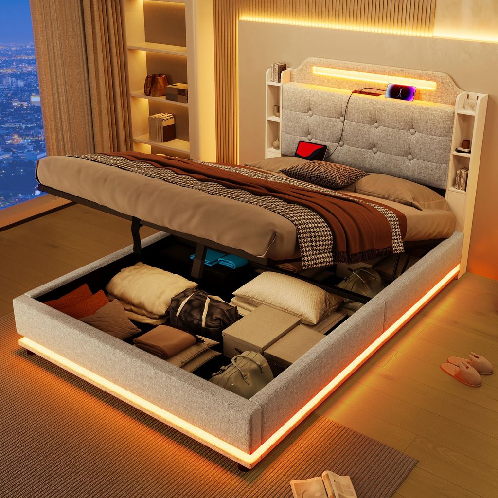 Polsterbett, 140*200cm , Mit LED-Lichtleiste, hydraulischer Stauraum, mehrere Ablagefächer, ohne Matratze, USB + TYPE-C, Leinen, Beige