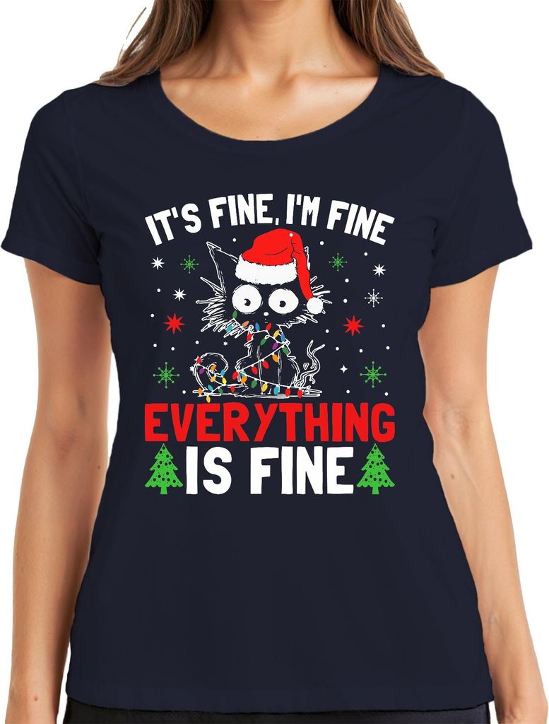 It's Fine I'm Fine Weihnachten Katze Lichter lustig Geschenk Damen T-Shirt, Navy, S