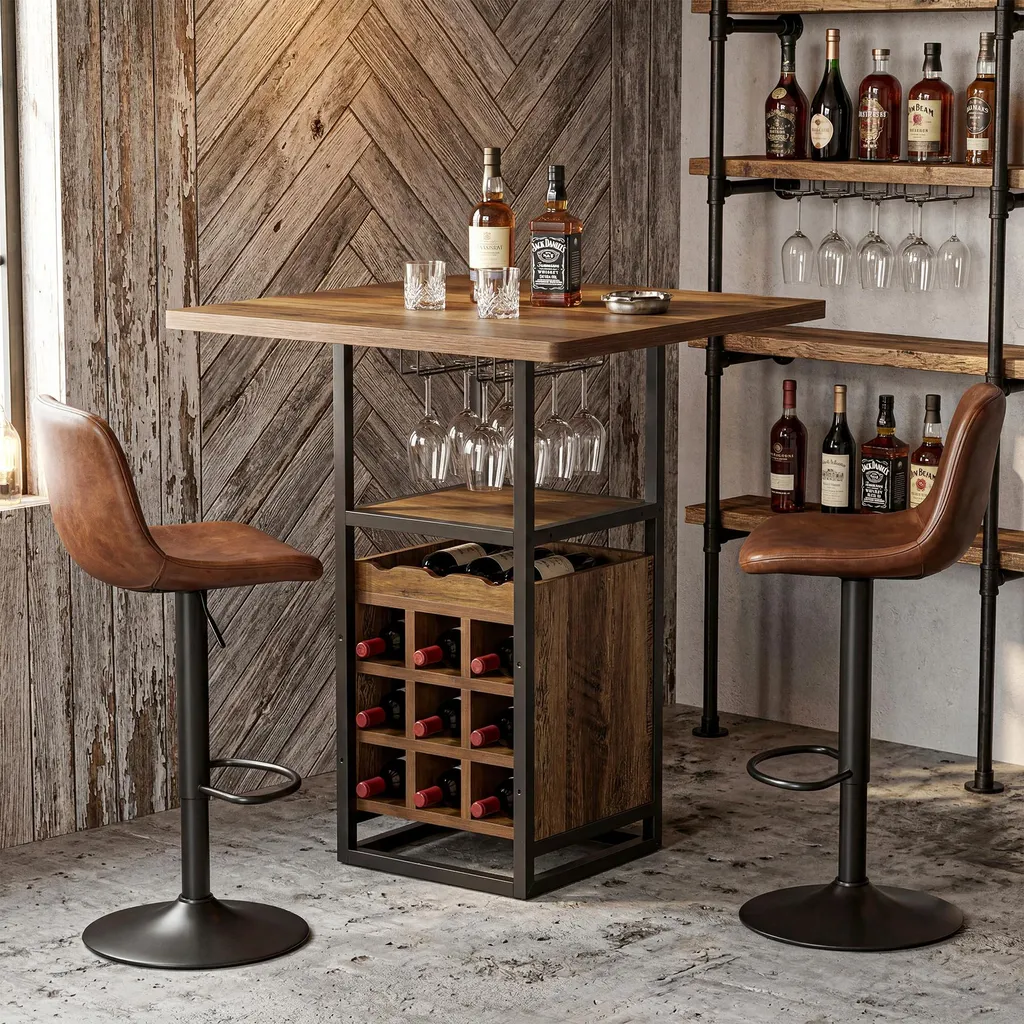 Table de bar carrée Tribesigns 95 cm avec porte-verres et armoire à vin