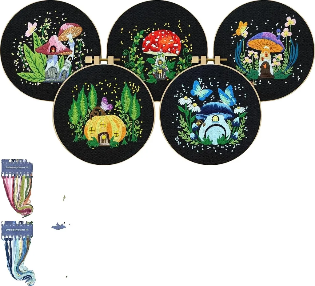 Kit de broderie DIY Champignon complet avec tambour de 20 cm inclus