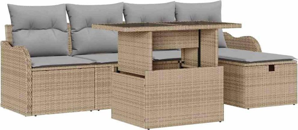 vidaXL Garten-Sofa-Set mit Kissen mit Speicher 6 pcs Beige Poly Rattan