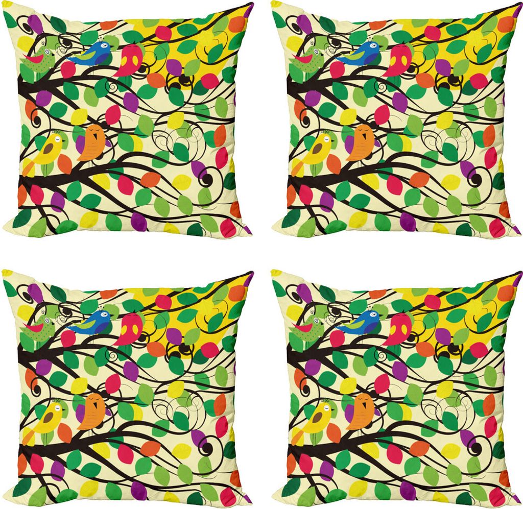 ABAKUHAUS Vögel Kissenbezug Set (4 Stück), Glückliche Vögel Bunte Baum, Moderner Doppelseitiger Digitaldruck, 50 cm x 50 cm, Mehrfarbig