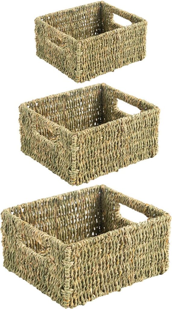 Aufbewahrungskorb CABO 3er-Set natur stapelbar für Wohnzimmer Badezimmer Flur Handtücher Seegras Flechtkorb mit Griffen rechteckig Aufbewahrungsbox