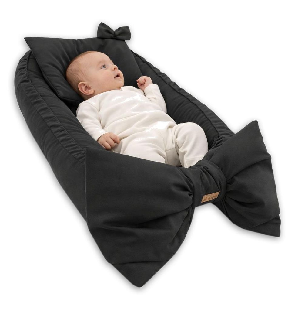 Babynestchen mit Kissen, Kuschelnest für Neugeborene, Samt/Velvet Baby Kokon, Atmungsaktives Reisebett mit Schleife, Grau, Standard 100