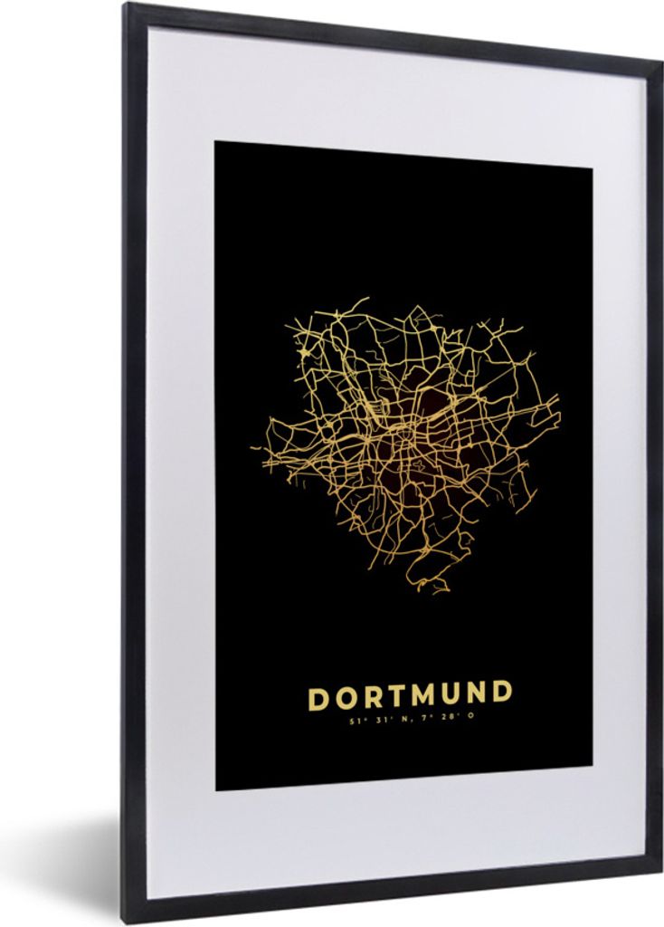MuchoWow Gerahmtes Poster Dortmund - Gold - Karte - Stadtplan 40x60 cm - Poster mit Schwarzem Bilderrahmen Wandposter Rahmen Foto Bilder - Poster...