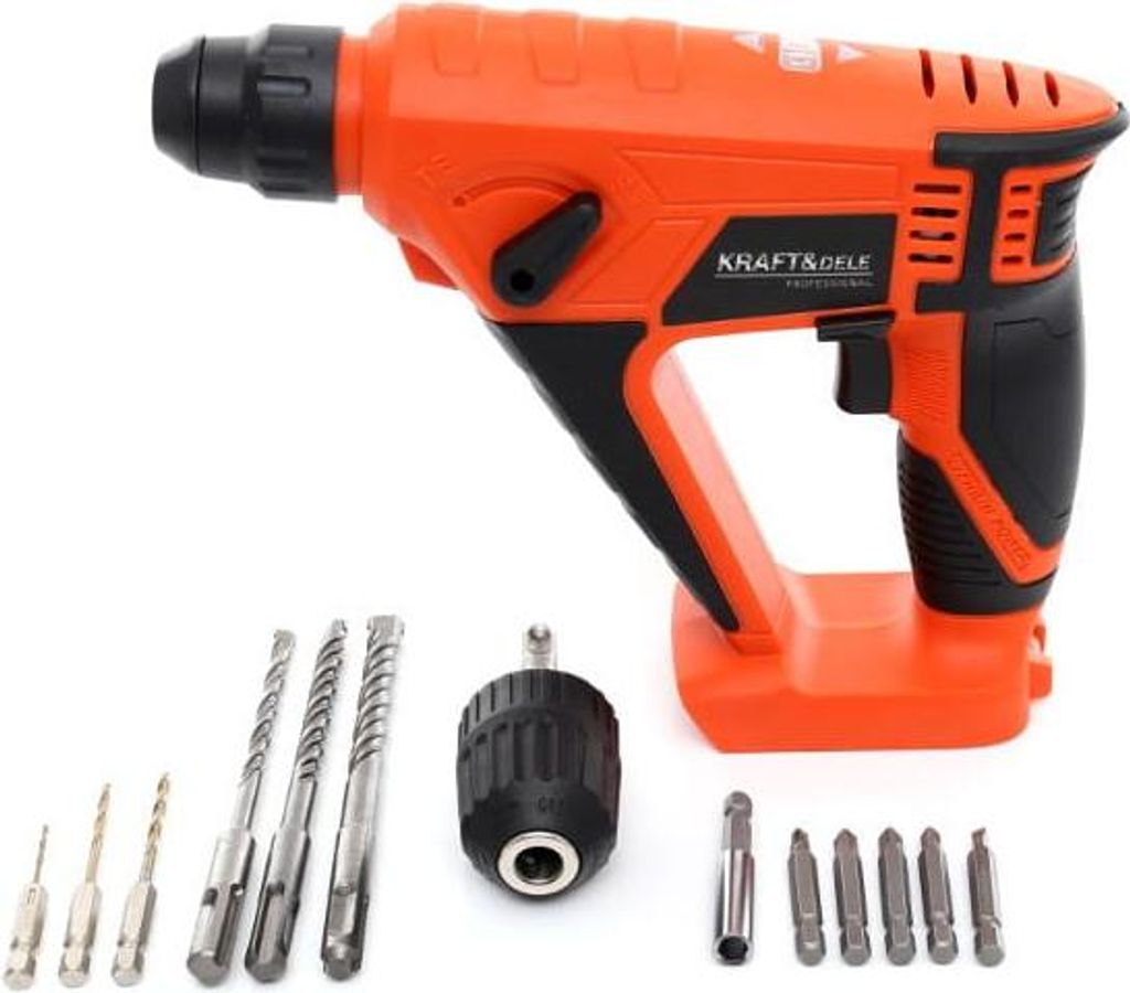 An orange and black cordless hammer drill with various drill bits and a chuck attachment, displayed on a white background.