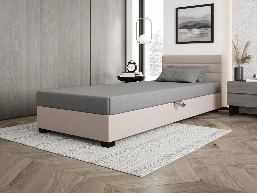 Polsterbett 90x195 KASANDRA 1 mit Stauraum - hellgrau/ecru