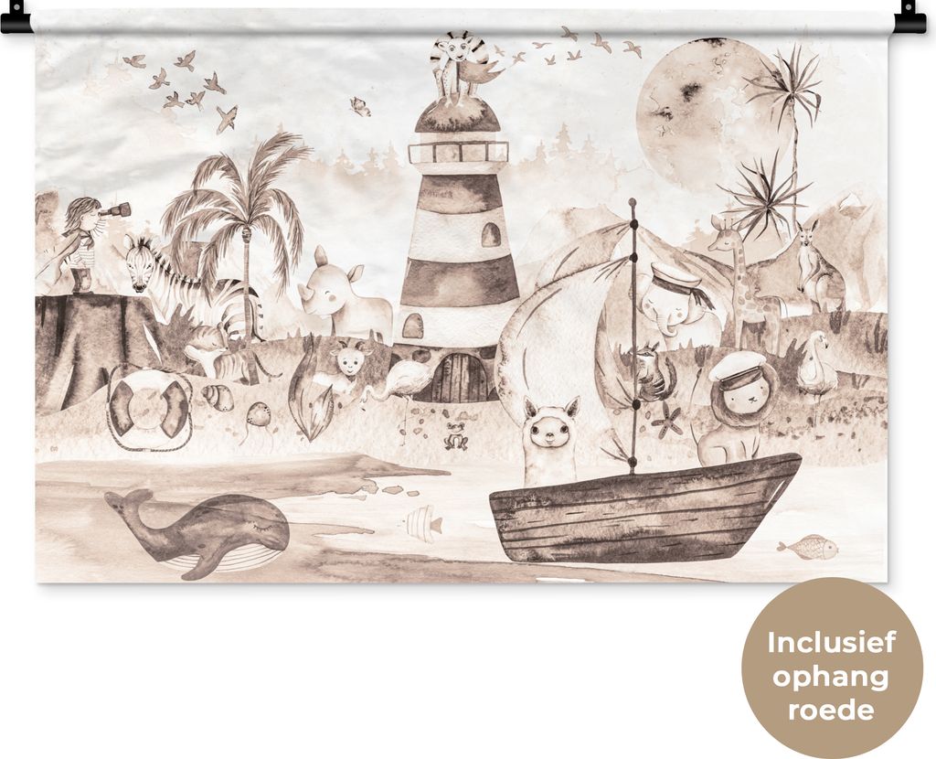 MuchoWow Wandteppich Wandbehang Strand - Kinder - Leuchtturm - Alpaka - Meer - Tiere 90x60 cm Tapisserie Dekoration Wandtuch - Wandskulpturen - B...