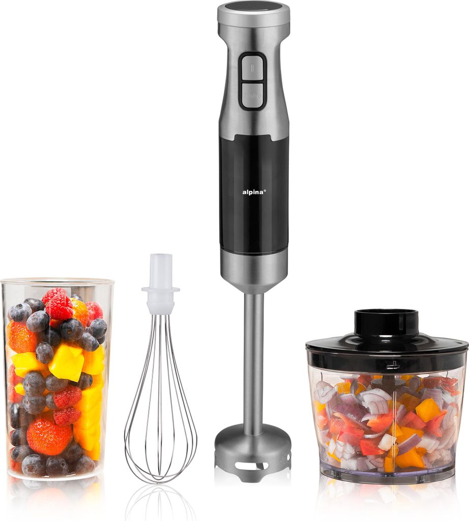 alpina Stabmixer mit Zerkleinerer 1000W - inkl. Messbecher und Schneebesen - 2 Geschwindigkeiten und Turbofunktion - BPA-frei - Edelstahl - Schwarz...
