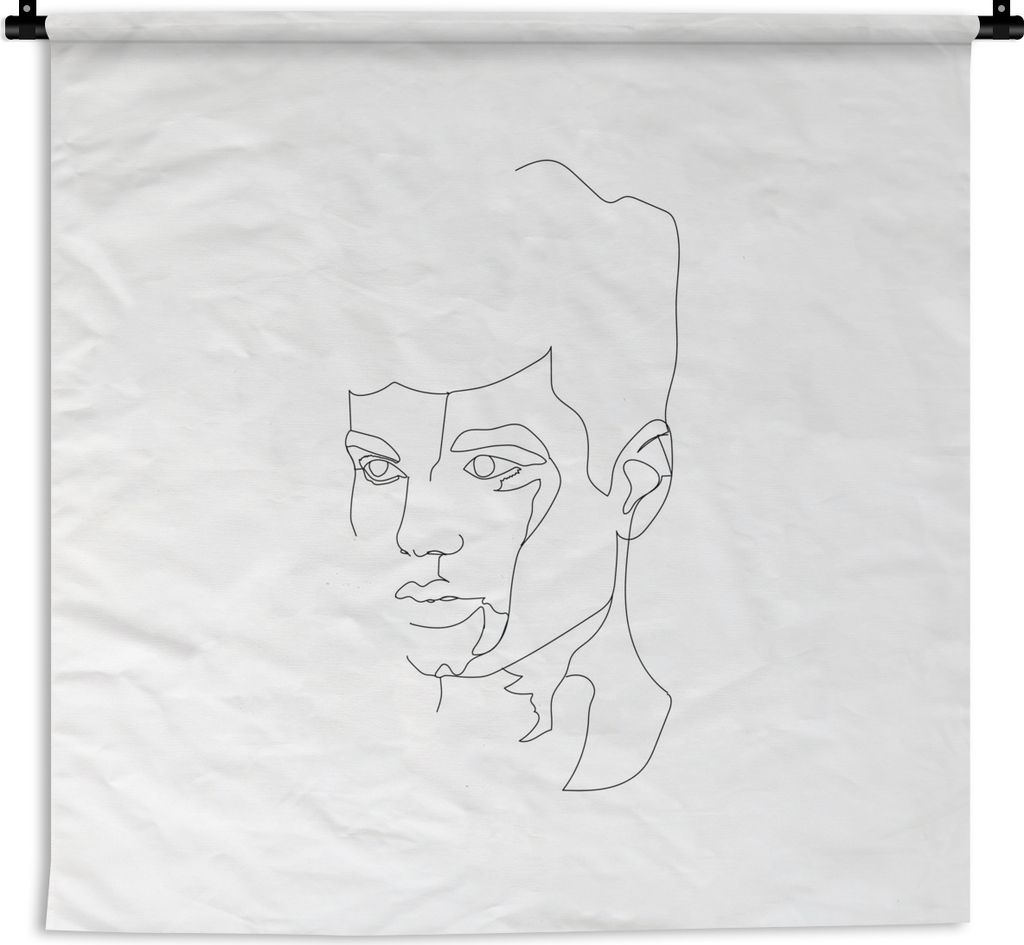 MuchoWow Wandteppich Wandbehang Gesicht - Mann - Strichzeichnung - Schwarz - Weiß 120x120 cm Tapisserie Dekoration Wandtuch - Modern - Baumwollg...