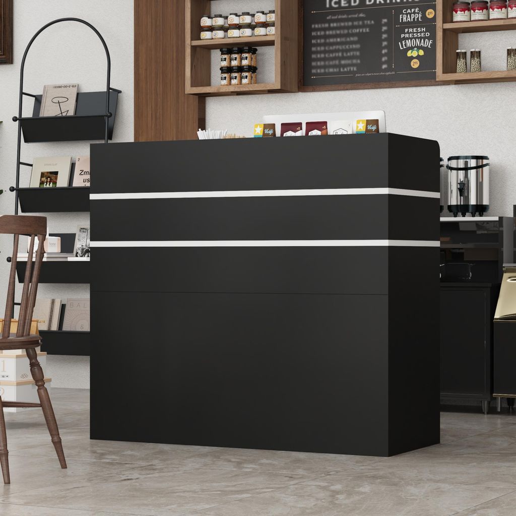 Empfangstheke mit Strauraum an der Rezeption Abschließbare Schubladen und Schränke an der Rezeption Klinik, Salon, Schwarz, MDF, 120 × 48 × 110 cm