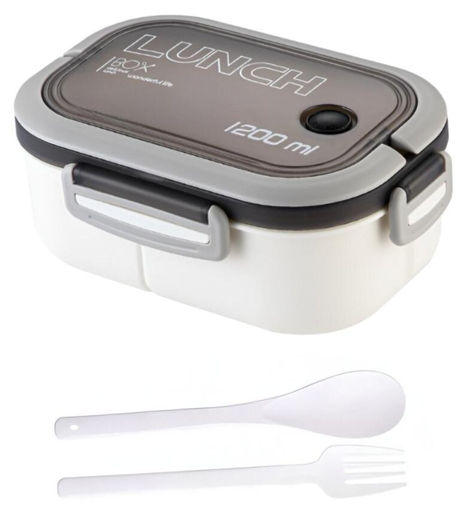 3-teiliges Kinder-Lunch-Set – Brotdose 1200 ml mit Doppel-Fächer Besteck - Weiß