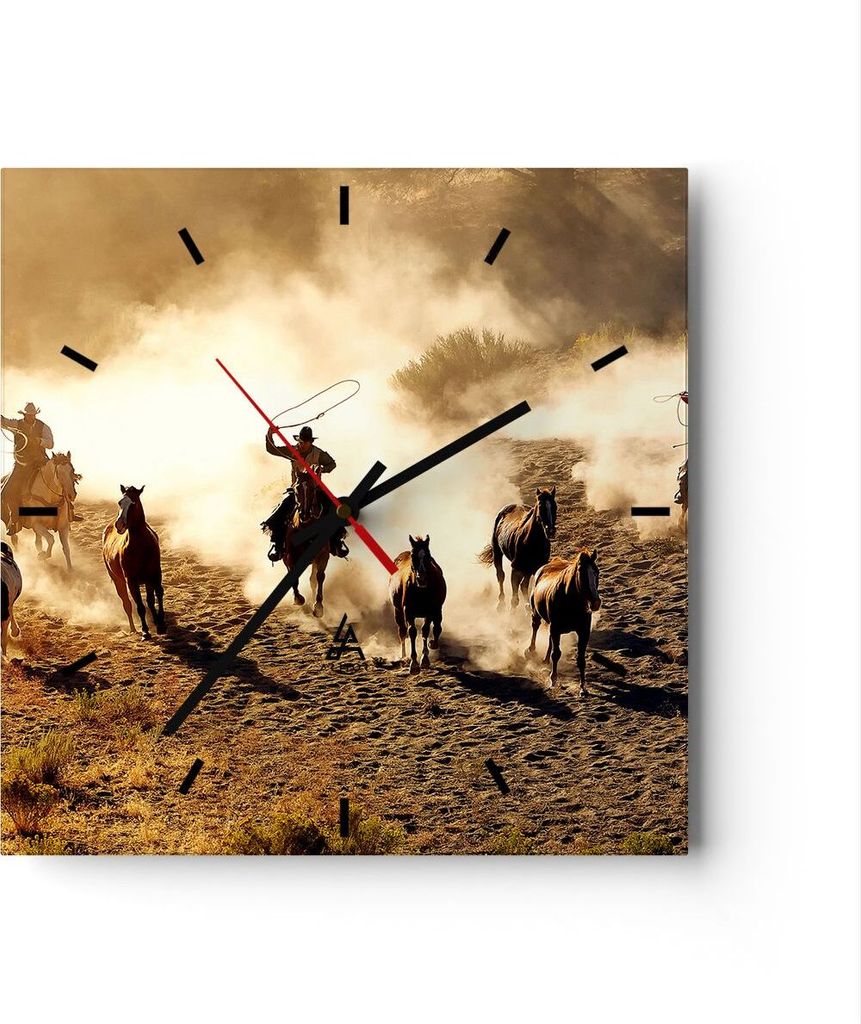 Wanduhr - Quadrat - Glasuhr - Cowboys Pferde Galopp - 40x40cm - Schleichendes Uhrwerk - Lautlos - zum Aufhängen bereit - Dekoration Modern - Wandd...