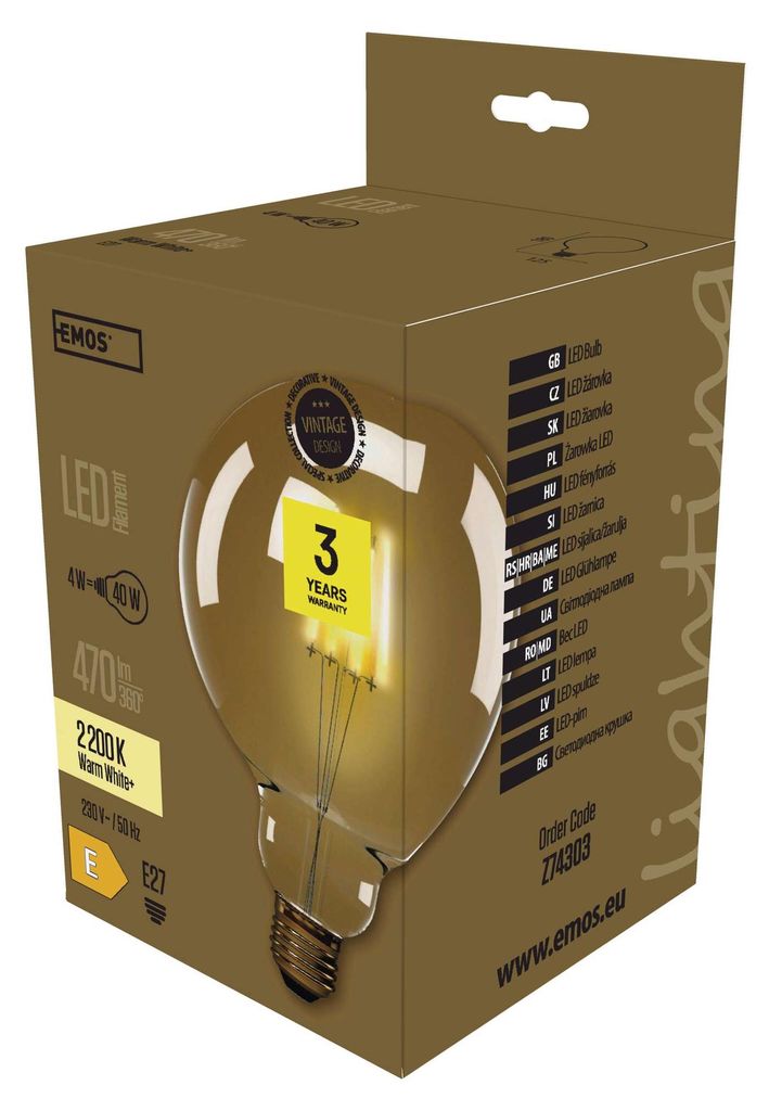 EMOS Filament LED Lampe Vintage, G125, 4W Ersatz für 40W Glühbirne, E27 Sockel, Helligkeit 470 lm, Warmweiß 2200 K, Amber, Z74303
