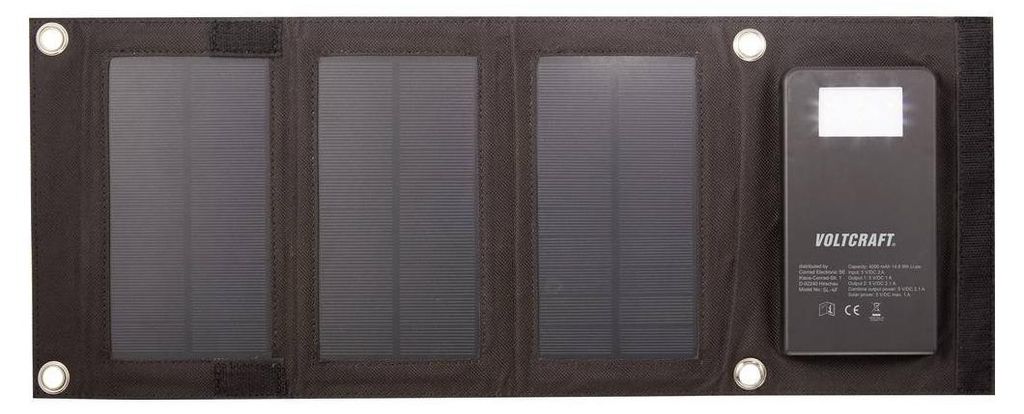 A folded solar power bank with three solar panels and a charging unit.