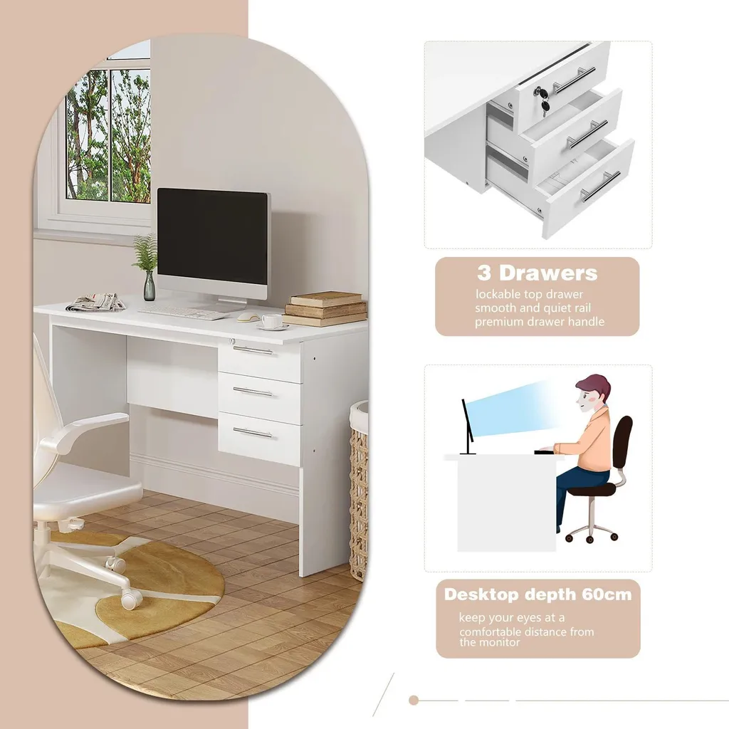 Bureau blanc en MDF Modèle Zen - Table d'ordinateur 3 tiroirs sécurisés - 6