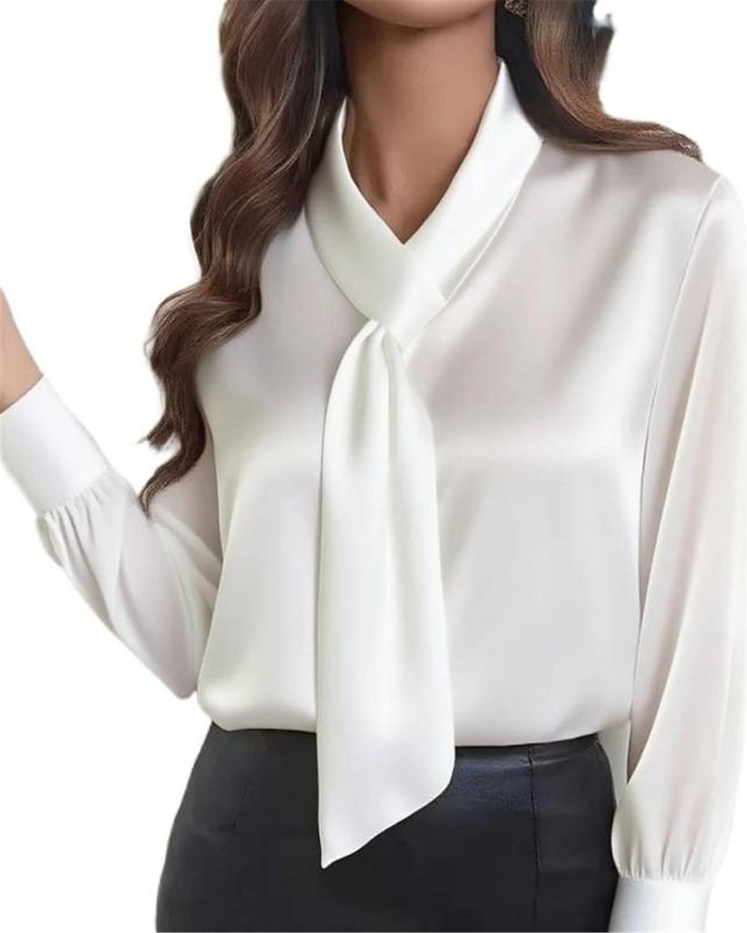 ASKSA Damen Satin Bluse Schleife Langarm Elegante Oberteile Buero Casual Seide Hemdbluse Arbeitshemd Business Langarmshirt (Weiss,XXL)