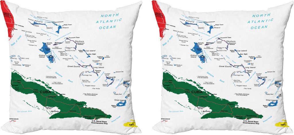 ABAKUHAUS Fernweh Kissenbezug Set (2Stück), Bahamas Karte Beach Ocean, doppelseitiges Digitaldruckdekor mit Reißverschluss, 50 cm, Jäger-Grün, ...