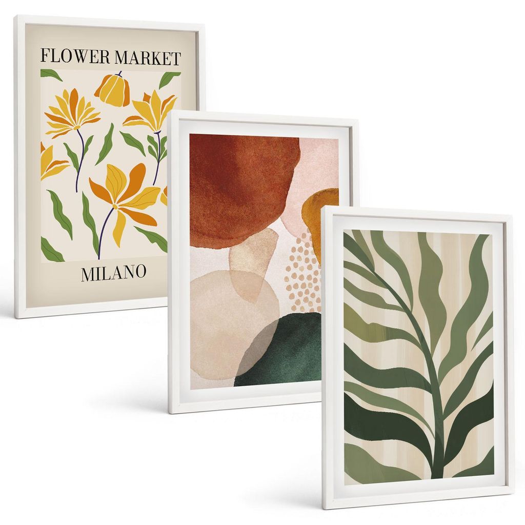 Bilder Set 3-teilig im weißen Rahmen – Wandbilder 3 Stück – gerahmte Poster für Wohnzimmer, Schlafzimmer und Flur – 40x60 cm – Florale a...