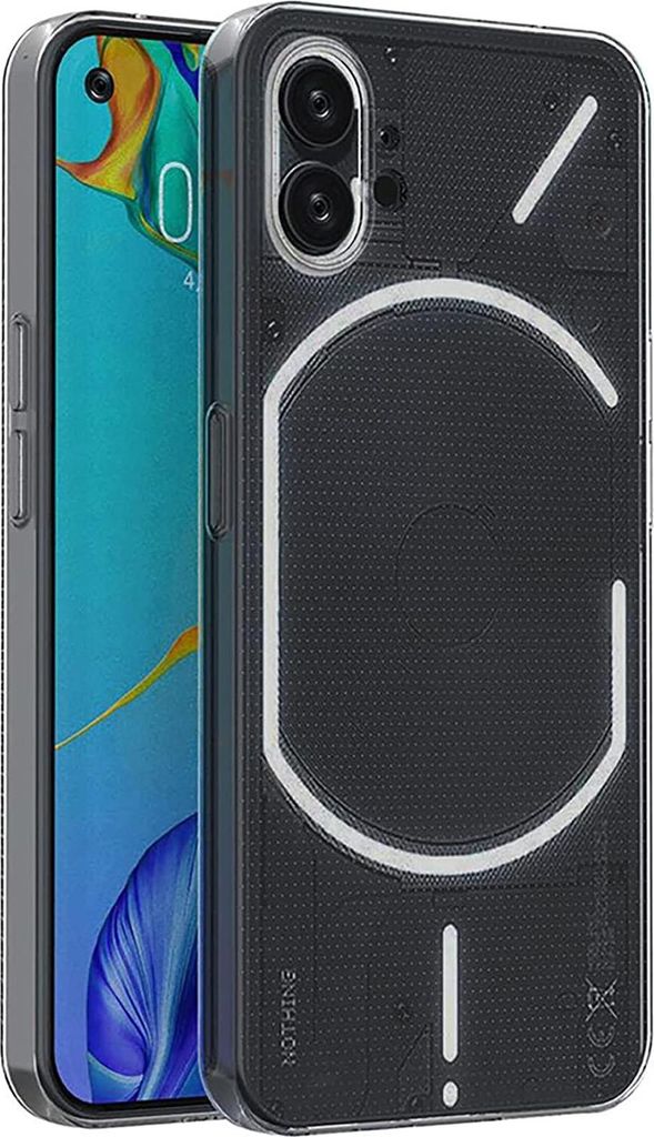 A transparent phone case with a black textured back is shown on a white background, with a phone partially visible inside.