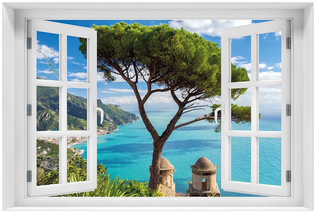 Wallario Premium Glasbild mit Fensterrahmen, freischwebende Optik, kräftige Farben, Größe 60 x 90 cm Motiv Italienische Küste