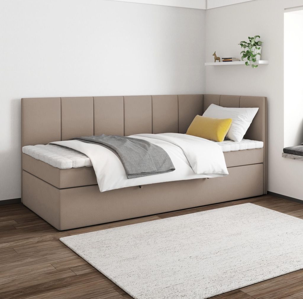 Boxspringbett MILA 90x200 cm, T25 Topper, Kinderbett, Jugendbett, Einzelbetten, Bett, Stauraum Polsterbett, Matratze H3, RECHTS(Cappuccino- Itaka 48)