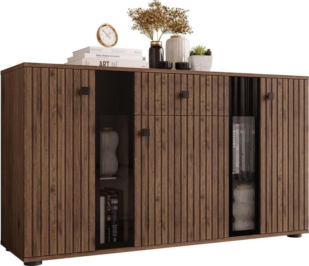 MIRJAN24 Kombikommode Salsa MDF, Kommode mit 3 Türen und Schublade, Fronten teilweise aus gehärtetem Glas (Farbe: Nuss Okapi, ohne Beleuchtung)