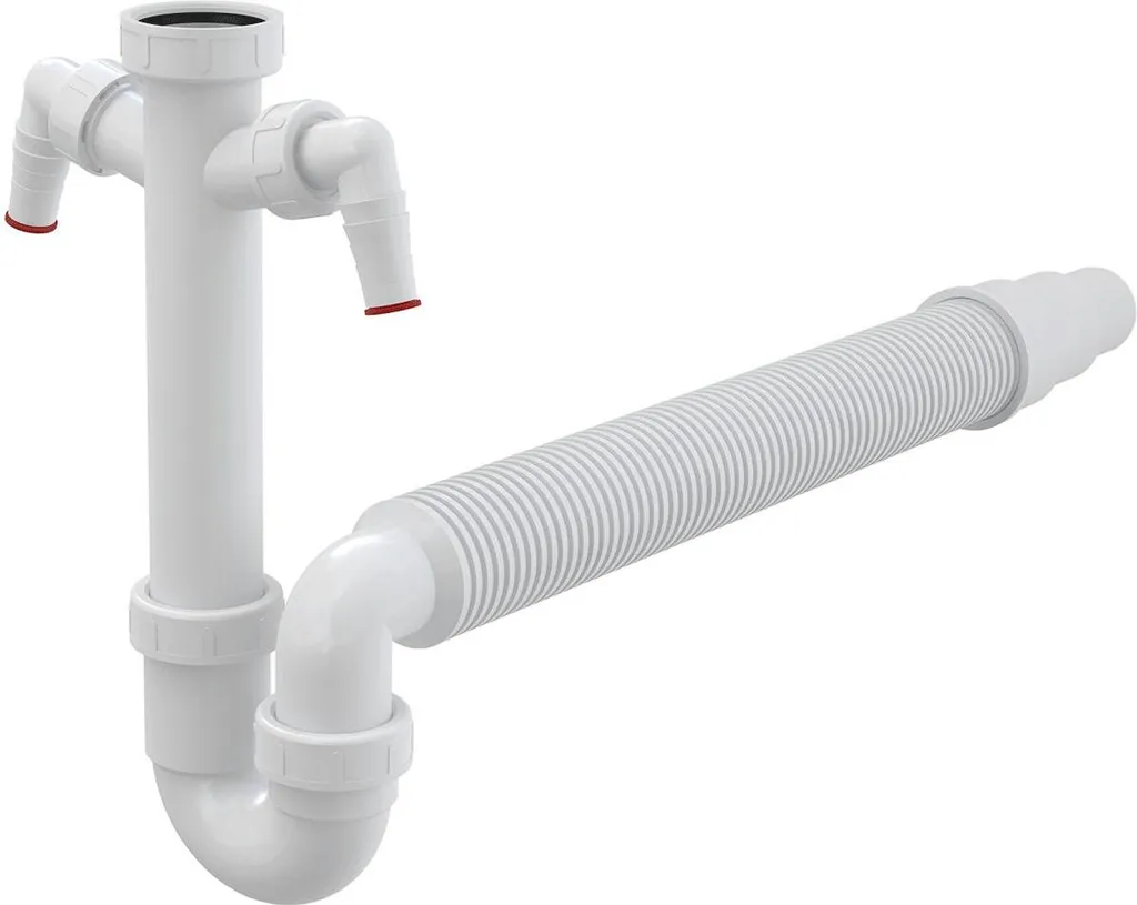 Sifone Antiodore Alcadrain 6/4 Pollici con 2 Ingressi e Tubo Scarico