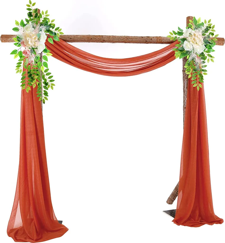Rideau de mariage pour arche 70x550cm orange avec 2 fleurs de soie