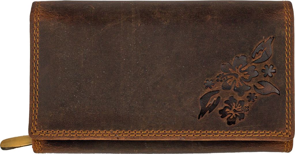 Hochwertiges Damen Portemonnaie aus Echtleder – Braun, Elegant im Vintage Stil mit RFID-Schutz Stilvoll das dezente Blumenmuster, Tessa