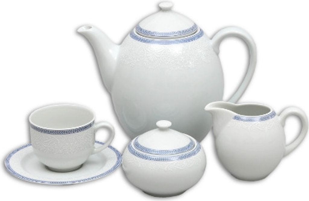 Thun 1794 Opal, Kaffeeservice, Porzellan, weiße Spitze, blauer Rand, Thun, 15-teilig
