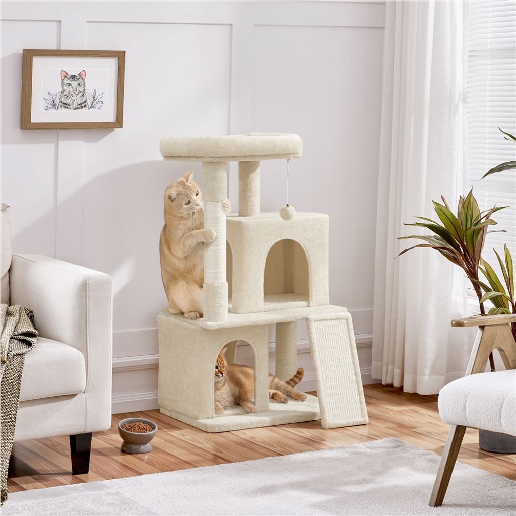 A cat tree with two cats in a living room setting.