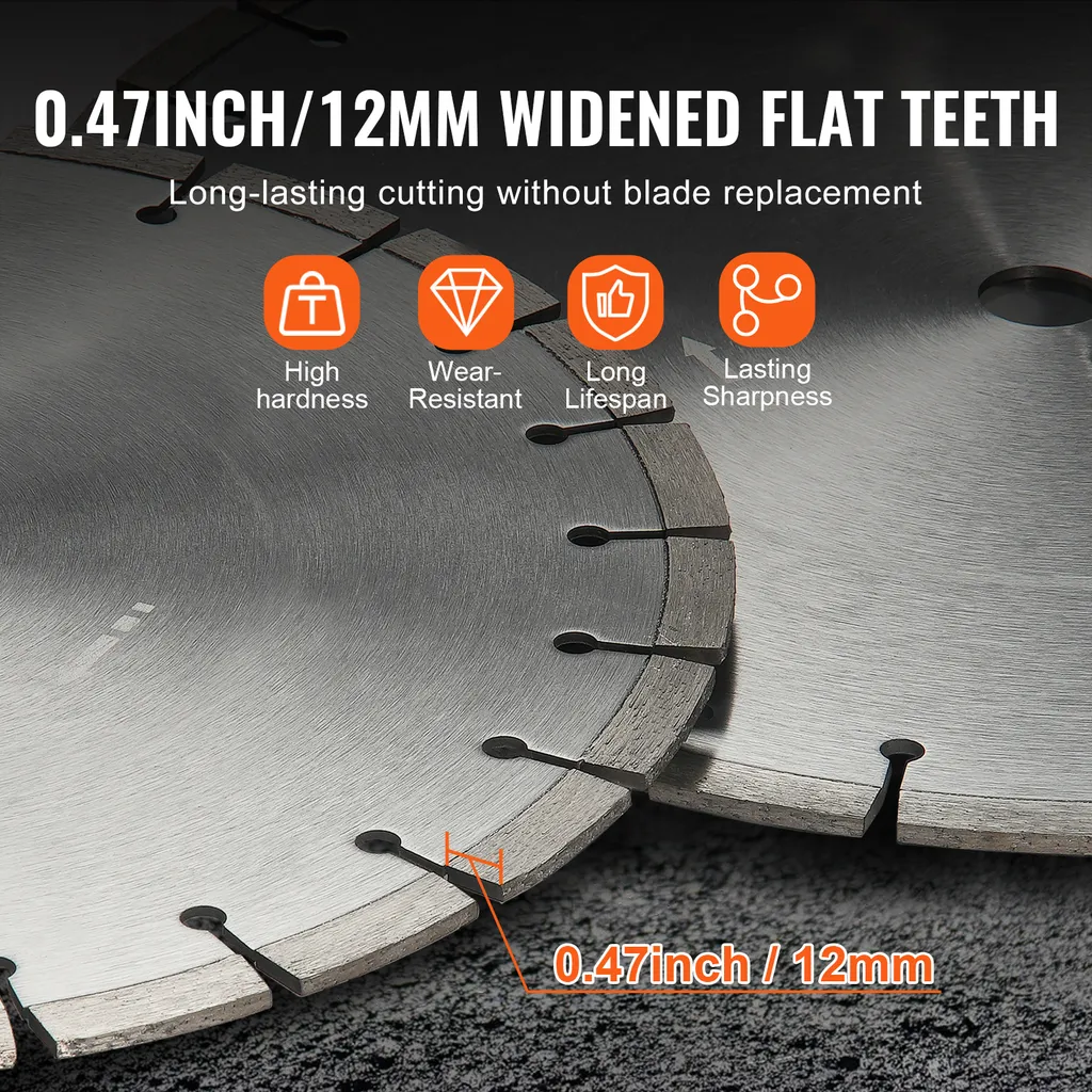 SucceBuy Lama diamantata da 18 pollici/450 mm, lama per calcestruzzo a umido/asciutto, denti piatti da 12 mm, foro centrale universale da 1 pollice/25,4 mm, per calcestruzzo, piastrelle, mattoni, lastre in cemento - 3