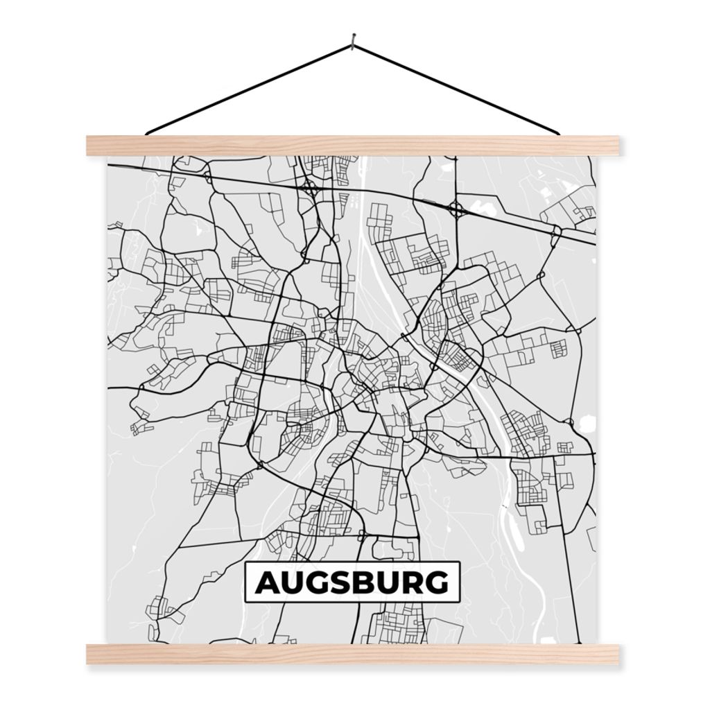 MuchoWow Textilposter Karte - Augsburg - Karte - Deutschland 40x40 cm mit holzfarbenen Rahmen - Posterleiste