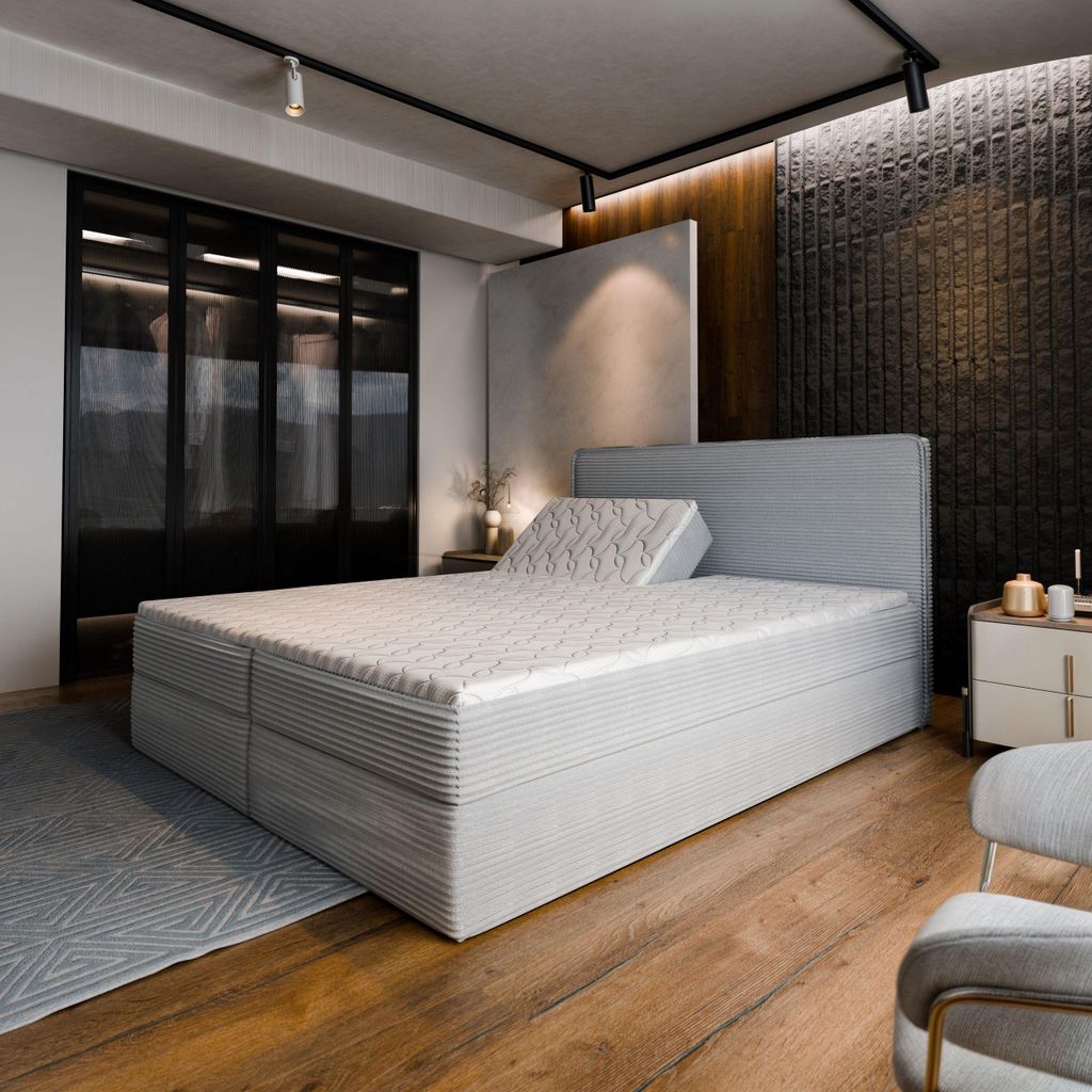 Masseno Boxspringbett ASTOR 160x200 cm Komplett-Set mit Bonell Matratze und Topper, Polsterbett mit Bettkästen -Hellgrau, LINCOLN 86