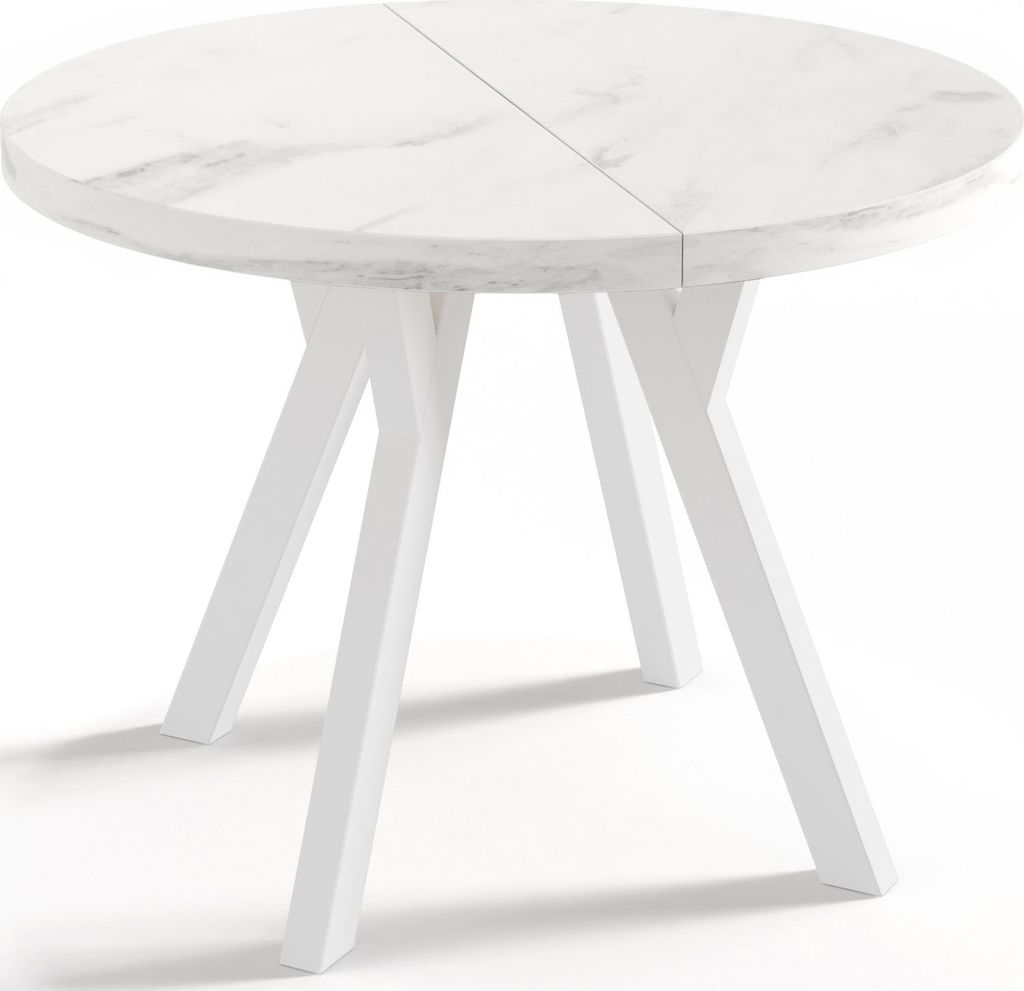 Designer Runder Ausziehbarer Esstisch in Weißer Marmoroptik - Loft-Stil, Industriell, Platzsparend - Weiße Beine - 100 bis 200 cm - für 5-10 Per...