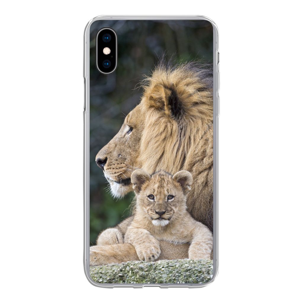 MuchoWow Handyhülle Schutzhülle Hülle für iPhone Xs Erwachsener Löwe mit Jungtier Silikon Softcase Handy Hülle - Handytasche