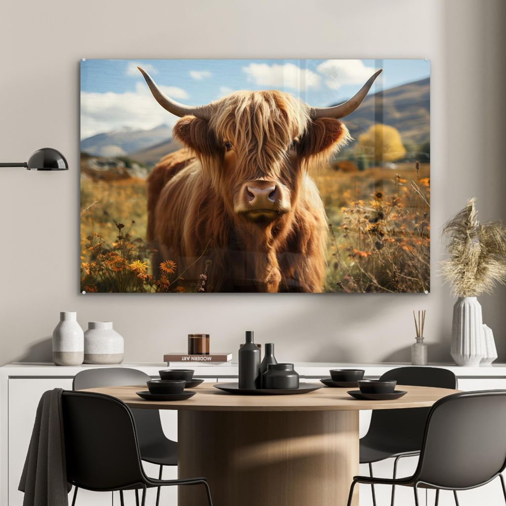 MuchoWow Glasbilder - Bilder auf Wandbild - Foto auf Glas Schottisches Hochlandrind - Tierporträt - Natur - Tier 90x60 cm Wanddekoration aus Glas ...