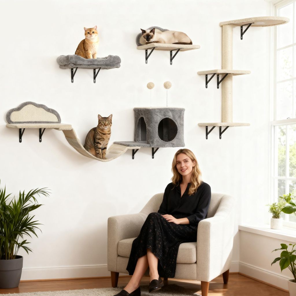 Katzen Kletterwand Set wandmontiert 4-in-1, Kratzbaum Wand, Sisal Kratzbrett, Höhle, Bett, Beige | 50x40x84 cm | für 1-3 Katzen | 13,2 kg