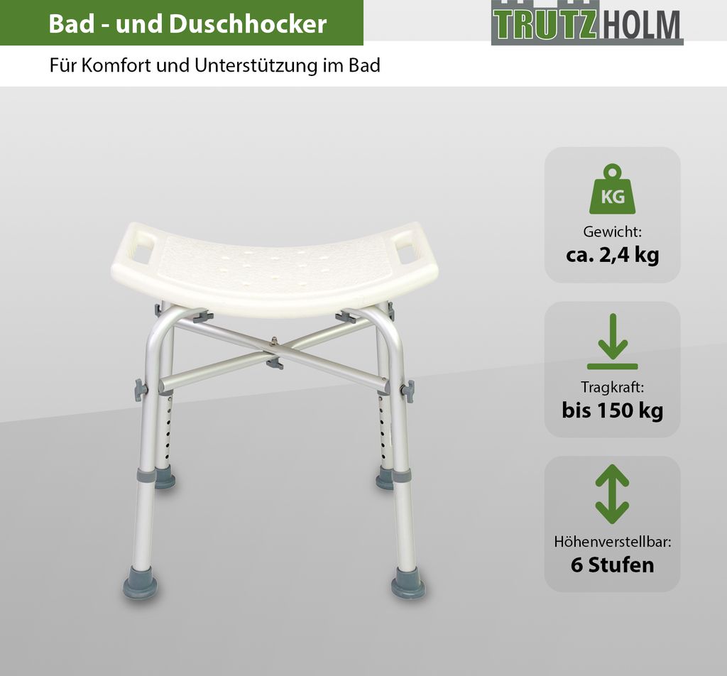 Duschhocker Höhenverstellbar 39-52cm Alu Anti-Rutsch Produktbild 