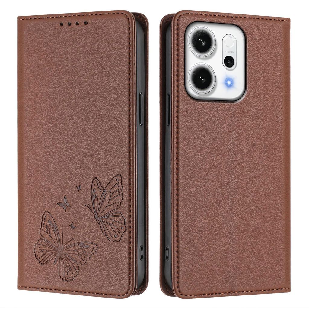 Lederhülle für Oppo Reno14 /Reno14 F 5G, Schmetterling Prägung Leder Brieftasche Schutzhülle mit Ständer Braun