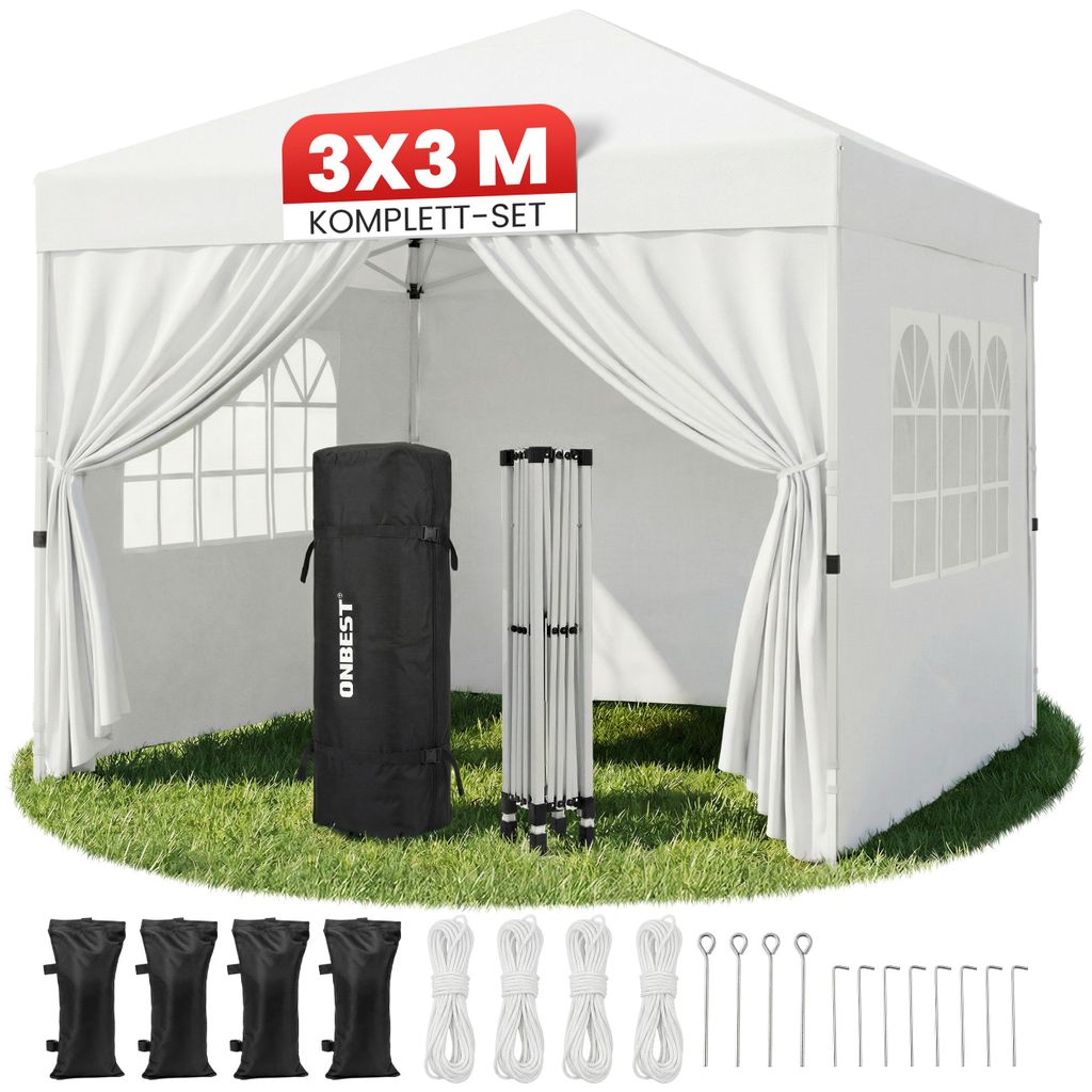 Pavillon Partyzelt 3x3 m ONBEST Patentierter Quick-Up Aufbau in 1min | Wasserdicht | faltbar | mit Sandsäcke | Trolley UV50+