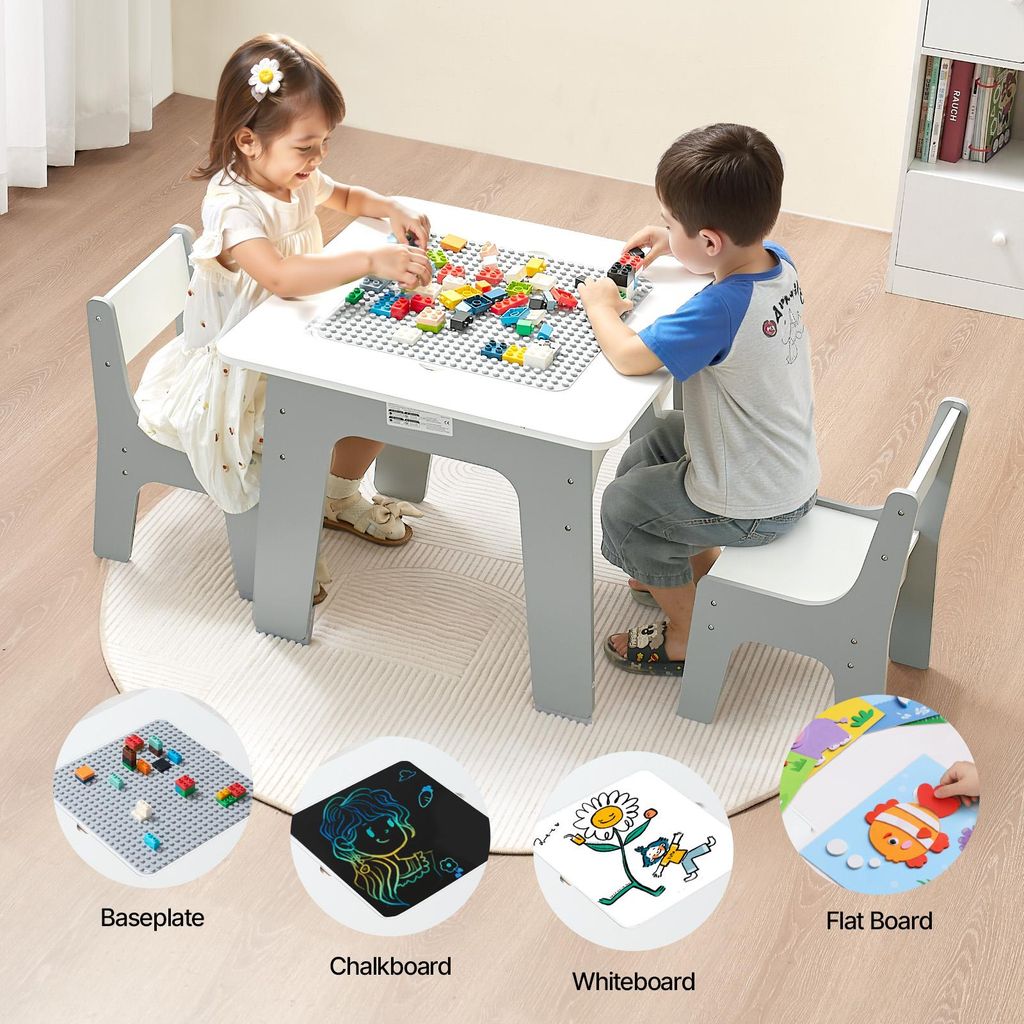 VEVOR Kindertisch 597x597x495 mm, 4-in-1-Aktivitätstisch & 2 Stühle, doppelseitige Tischplatte mit Graffiti & Bausteinen, -Spieltisch mit Staurau...